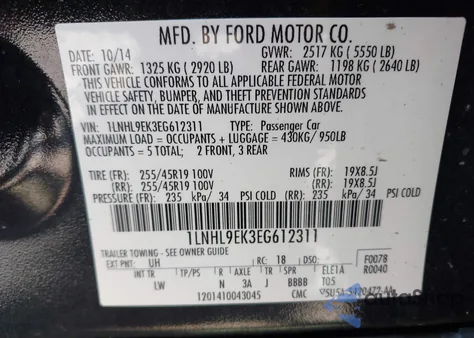 2014 Lincoln Mks from USA, damaged, VIN 1LNHL9EK3EG612311